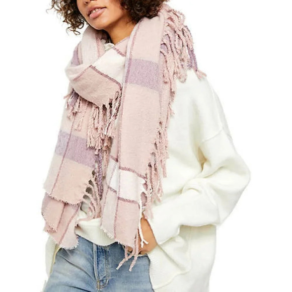 Free People Pink Valley Plaid Fringe Scarf New!! - Picture 1 of 7